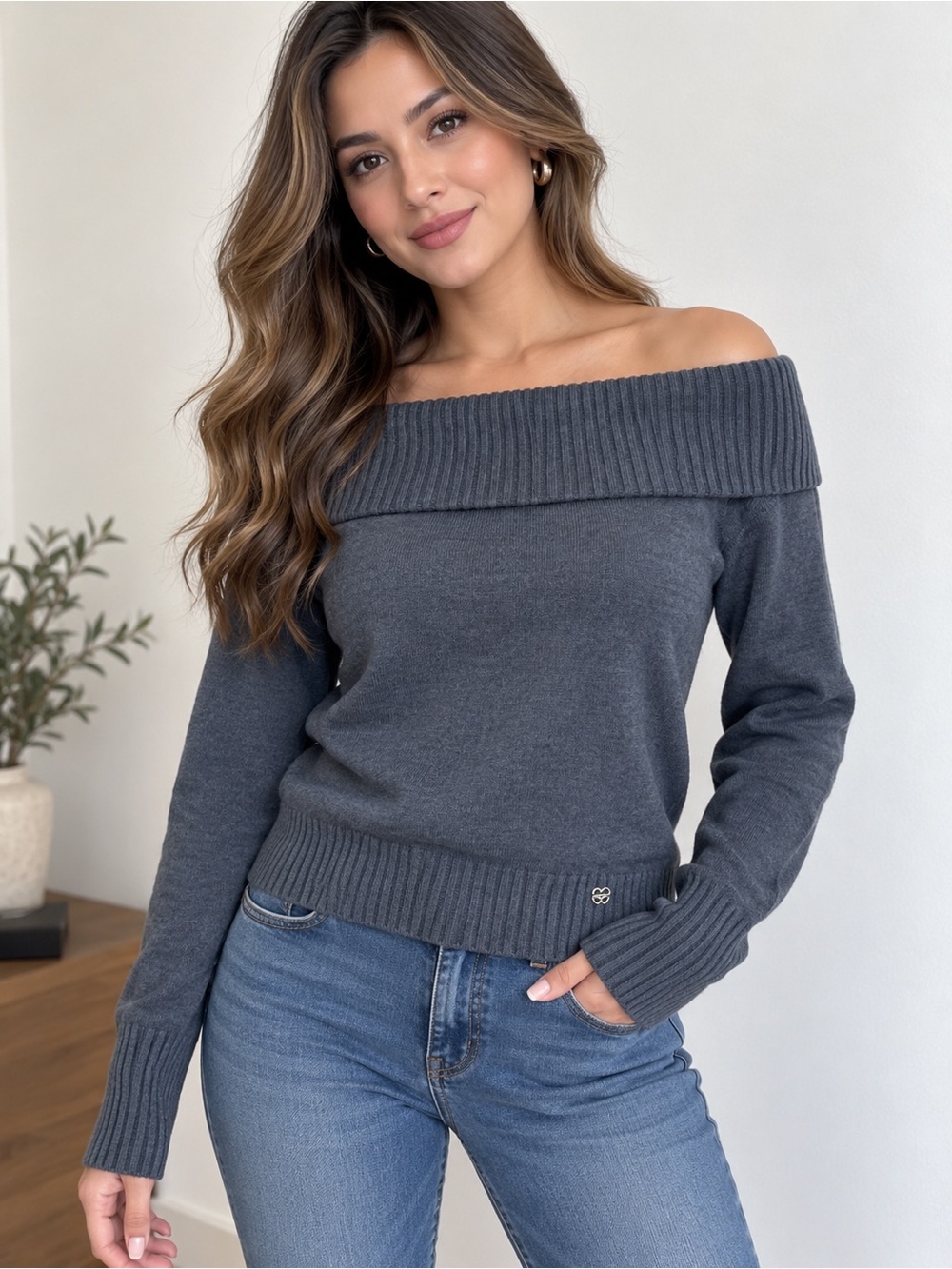 Sunday Best Off-the-Shoulder Ribbed Sweater - Gray